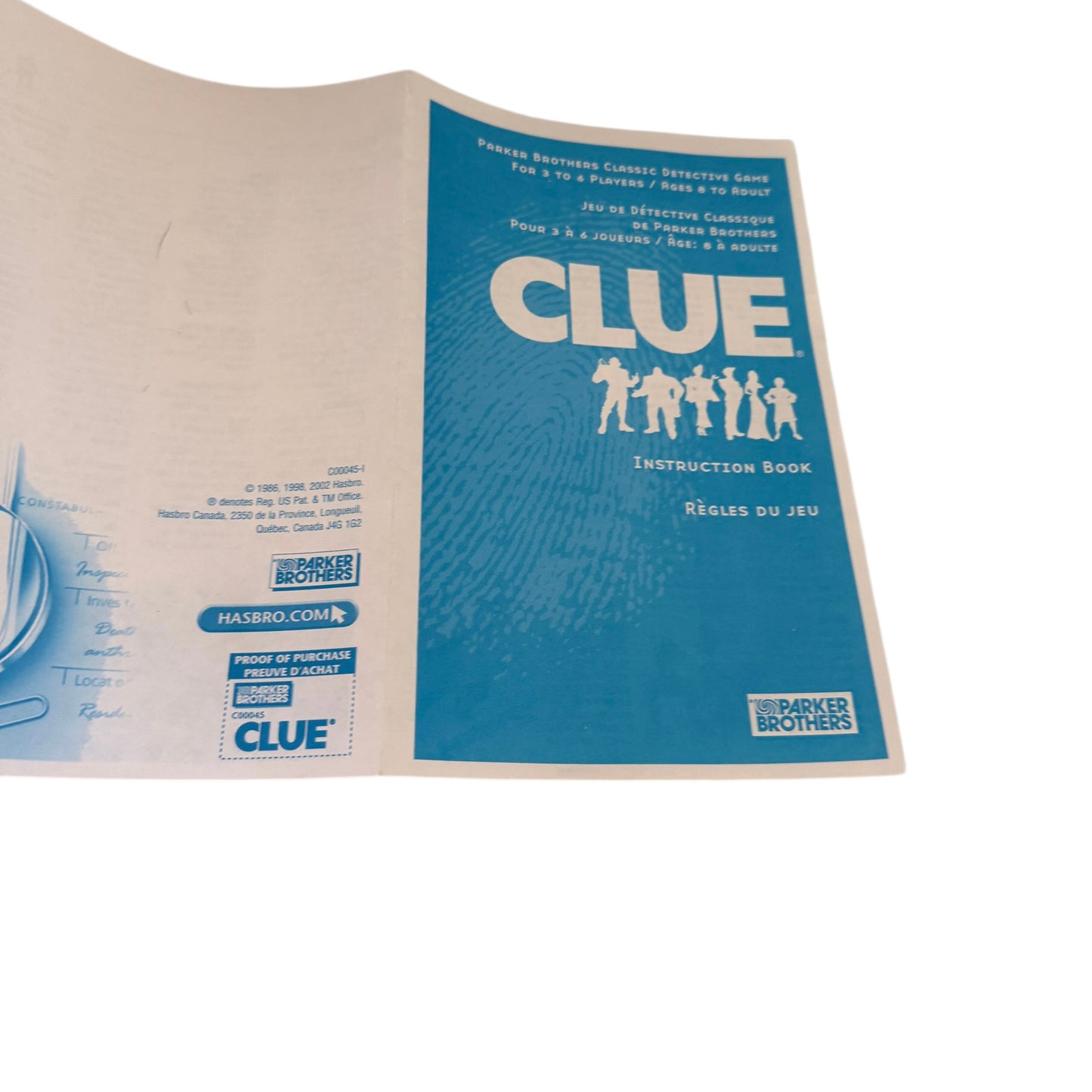 Vintage Clue, Parker Brother's Classic Detective Game from Hasbro, 2002 Bilingual. Preowned