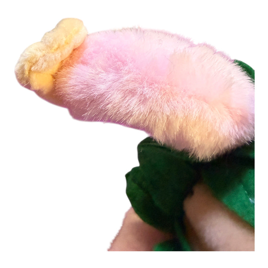 Vintage Preowned Royal Plush Pink Monkey Eating a Banana and Wearing a Leafy Green Skirt