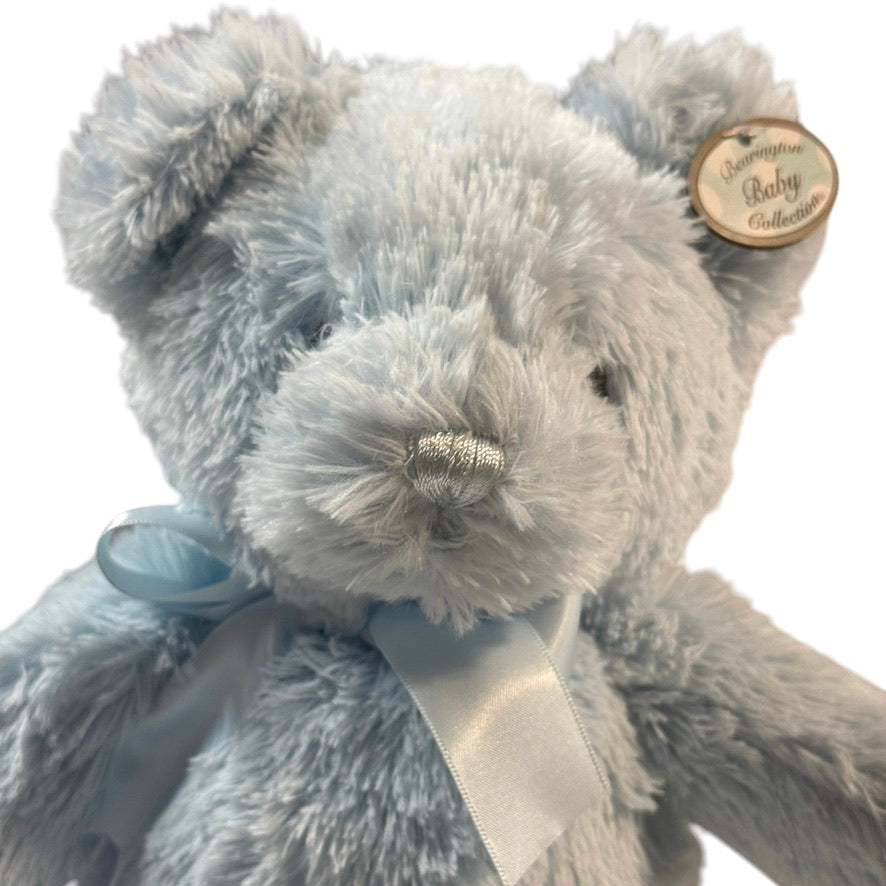 Bearington Baby Fuzzy Blue 12" Bear, ''My FirstTeddy' with Satin Nose, Neck Ribbon & Feet EUC