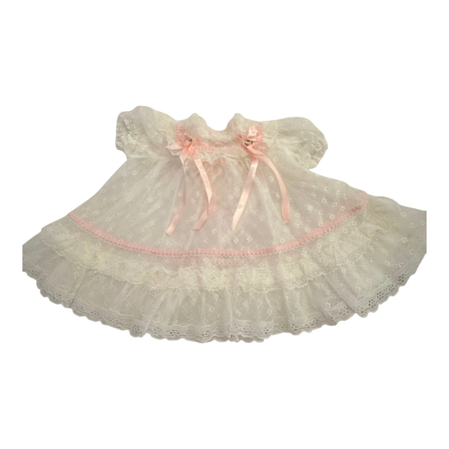Dainty Vintage Sheer Lace Baby Dress with Pink Satin Ribbons Rosettes