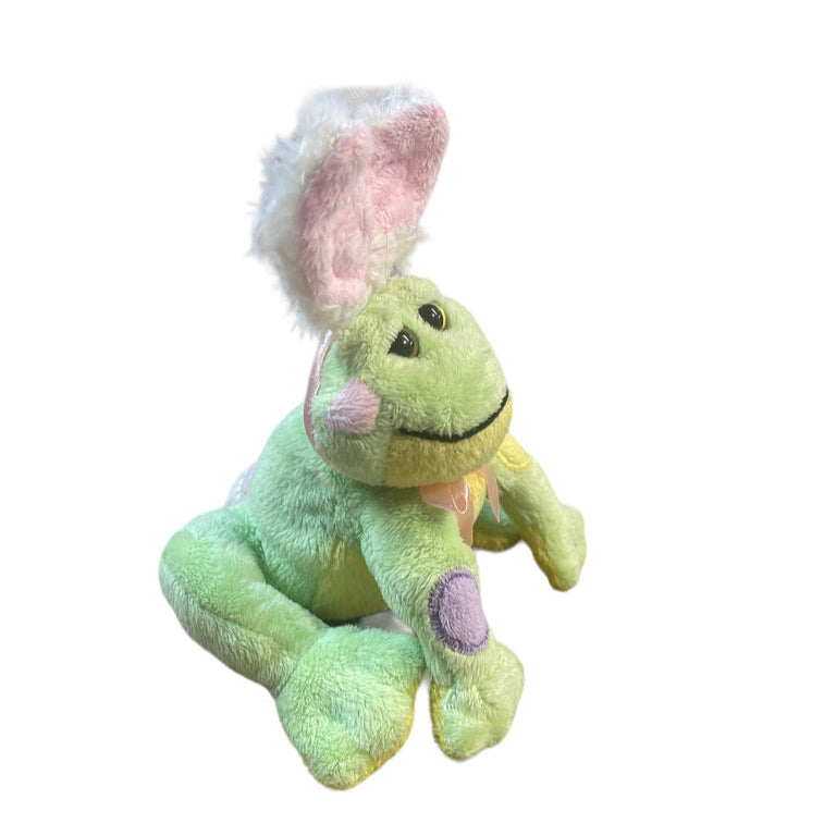 Charming Ganz "Frabbit", Green Frog With Rabbit Ears, Pastel Embroidered Easter Eggs & Pink Bow