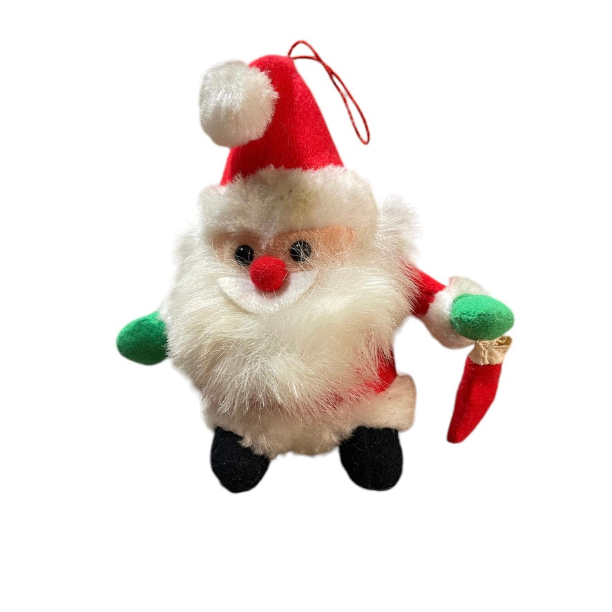 Adorable Vintage Santa Rattle Ornament, Traditional Red & White with Tiny Christmas Stocking
