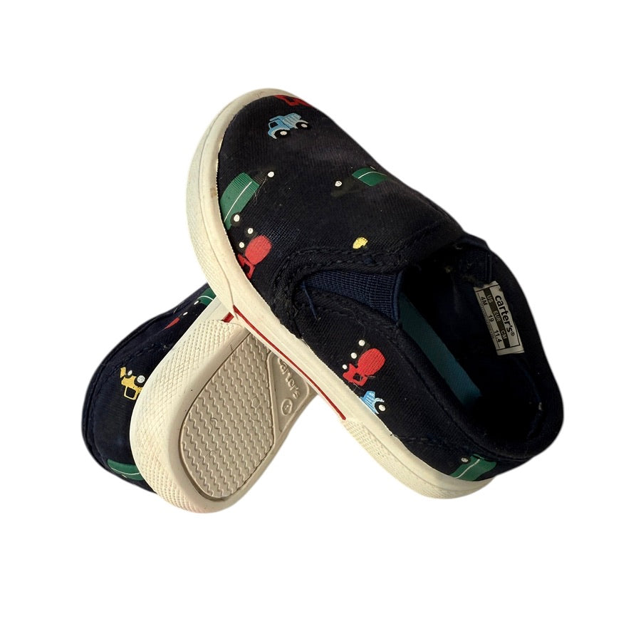Carter's Slip on Sneakers, Navy with Multi-coloured Trucks, White Flex Soles,  Size 1 GUC