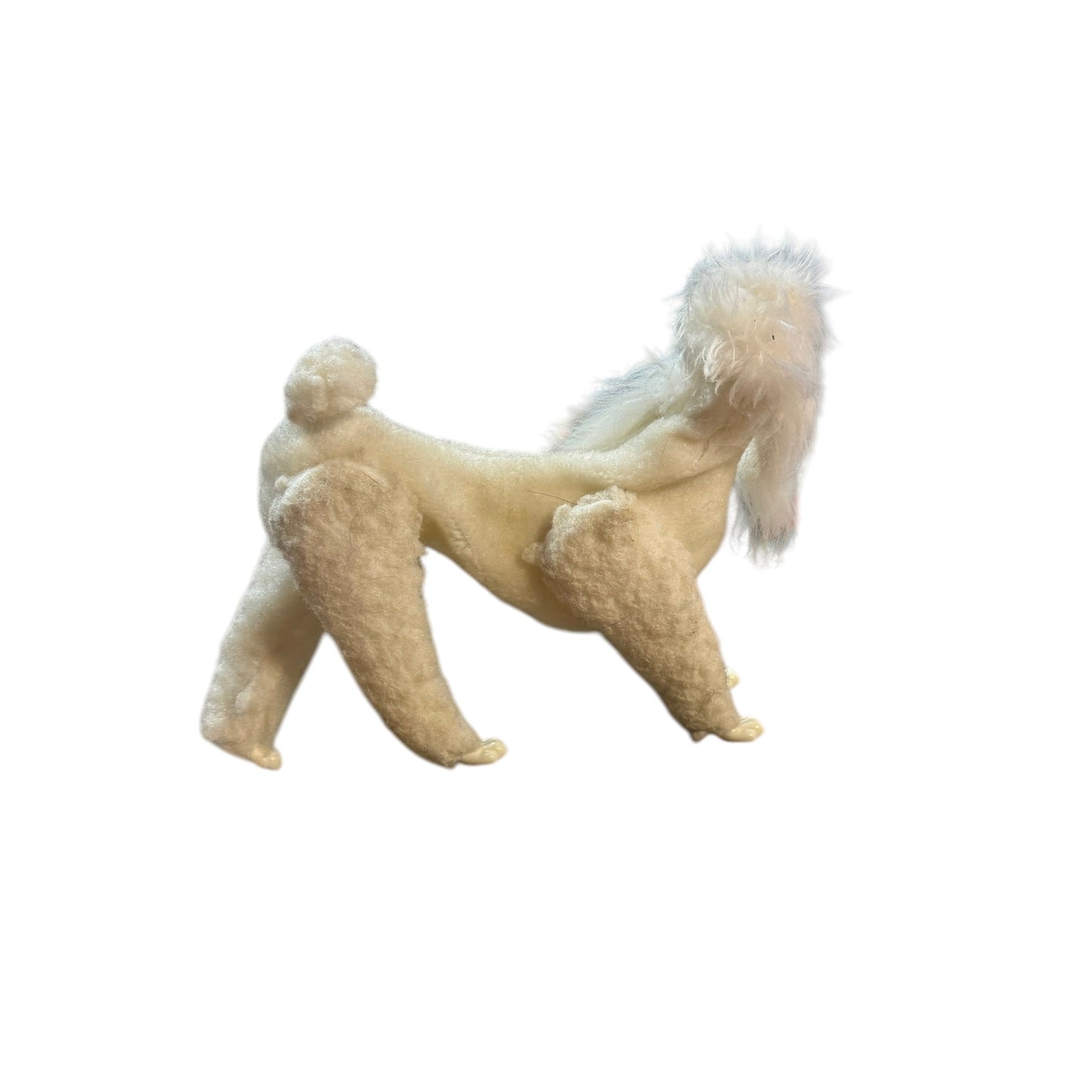 Vintage White Felted Posable Standard Poodle Toy Dog Long Legs, Plastic Feet & Sweet Rubber Face