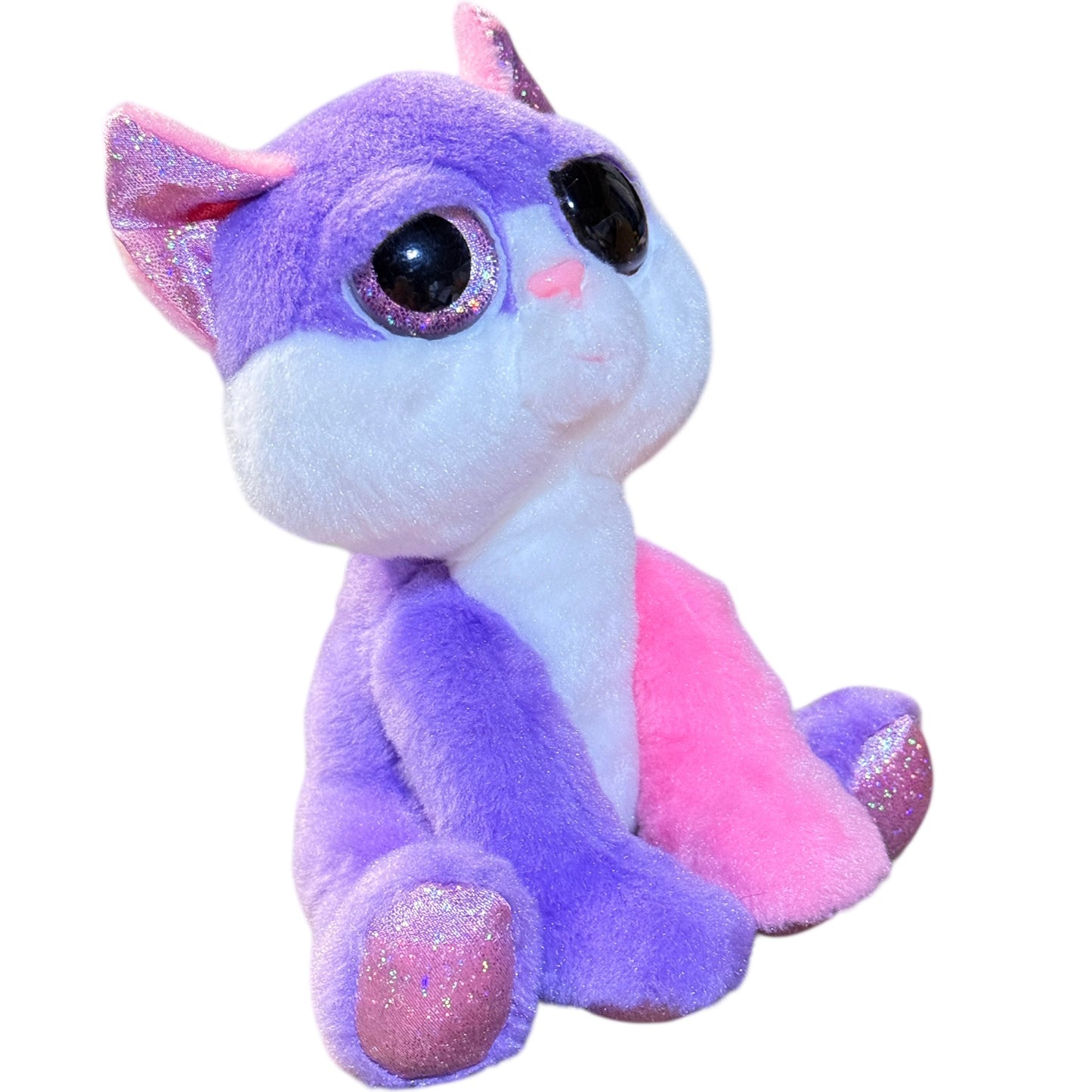 Russ Li'l Peepers,’ Lucky’Pink & Purple Colour Block Cat Stuffed Animal Sparkle Ears & Eyes