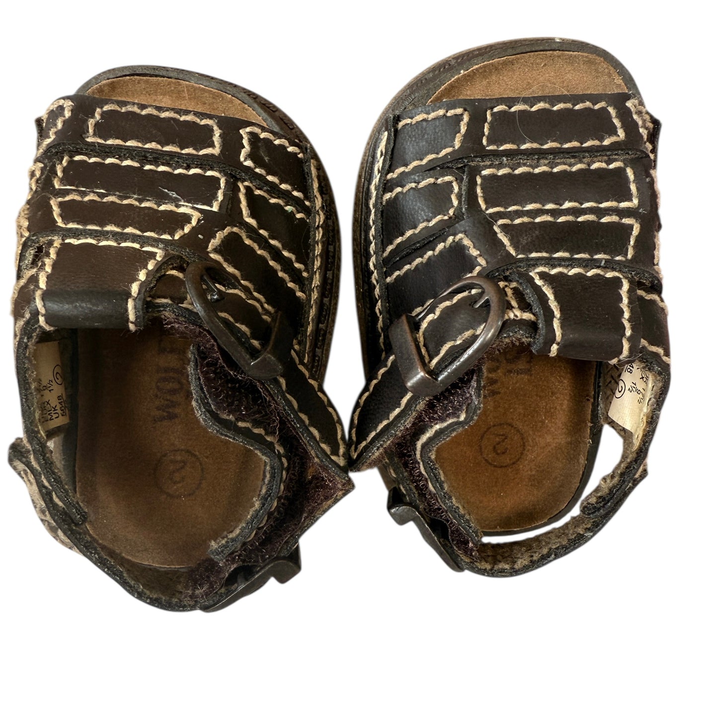 Wolfe Island Fisherman Sandals, Infant Size 2 Brown, Hook & Loop Closure Beige Stitching