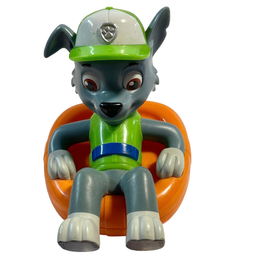 Paw Patrol Rocky Bath Paddlin' Pup in Orange Dinghy, Green Outboard Motor, Good Preowned Condition