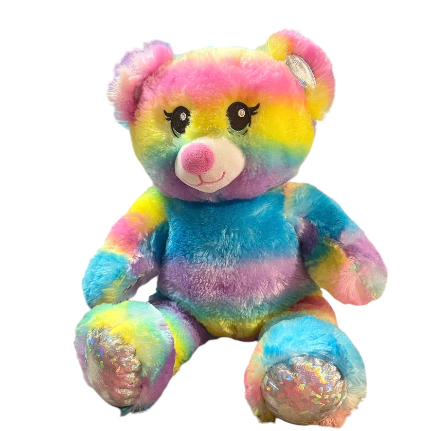 Build-a-Bear Rainbow Sparkle 16" Teddy Bear, Embroidered Blue Eyes & Sparkly Silver Pads So Pretty! EUC