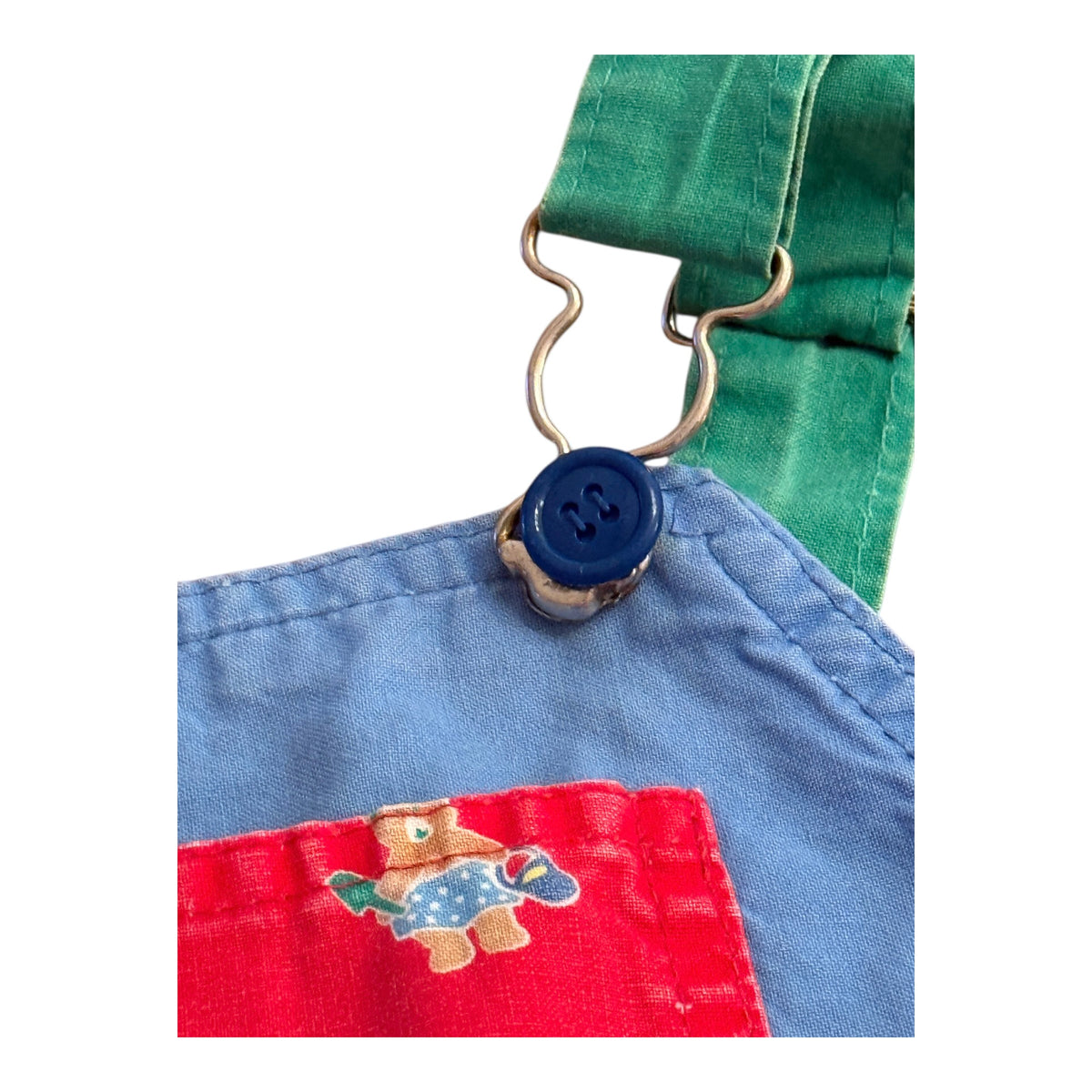 Vintage OshKosh B'gosh Colourblock Shortall Overalls, Bear Toy Print & Blue/Green Accents