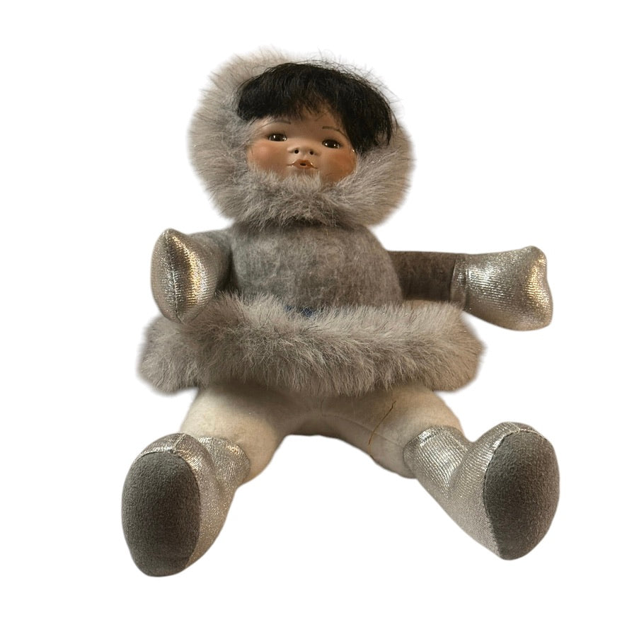 Little Snowflower, Indigenous Cloth Doll with Sweet Porcelain Painted Face, Fur& Felt Clothes