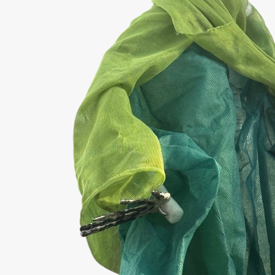 Floating Ghoul, Skeletal Hands & Bony Bleached Skull in Tattered Green Shroud, Preowned
