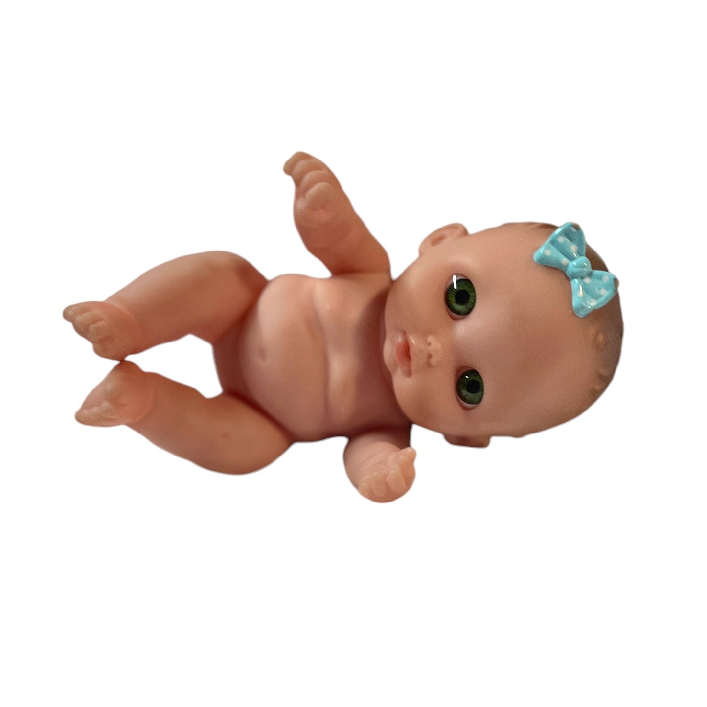 Berenguer 8.5" LIL' CUTIE Blue Eyed Baby Doll, Blue Eyes & Blue Polka Dot Bow in EUC