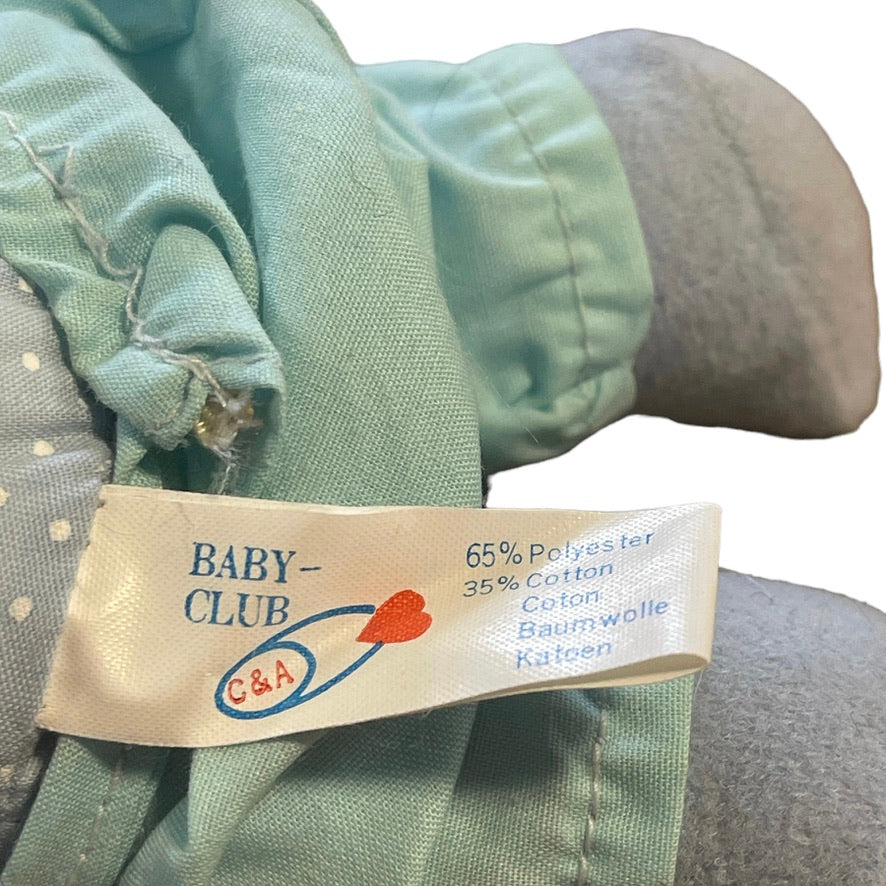 Vintage Baby Club C&A 8" Doll, Sweet Vinyl Face, Cloth Body Yellow Yarn Hair Blue Romper