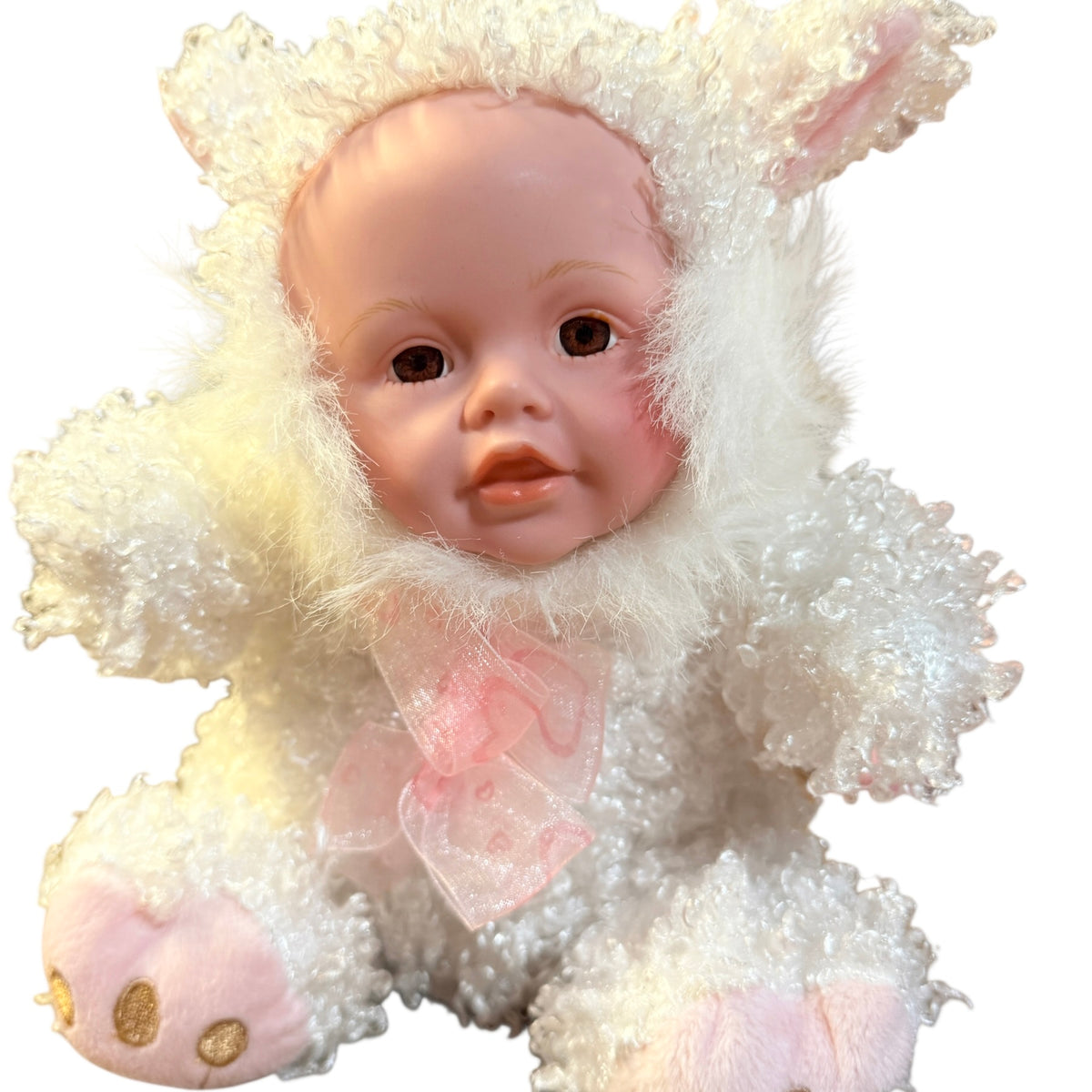 Adorable 8" Seated Bunny Baby Doll, Vinyl Face, Brown Eyes & Curly White Body, Pink Accents