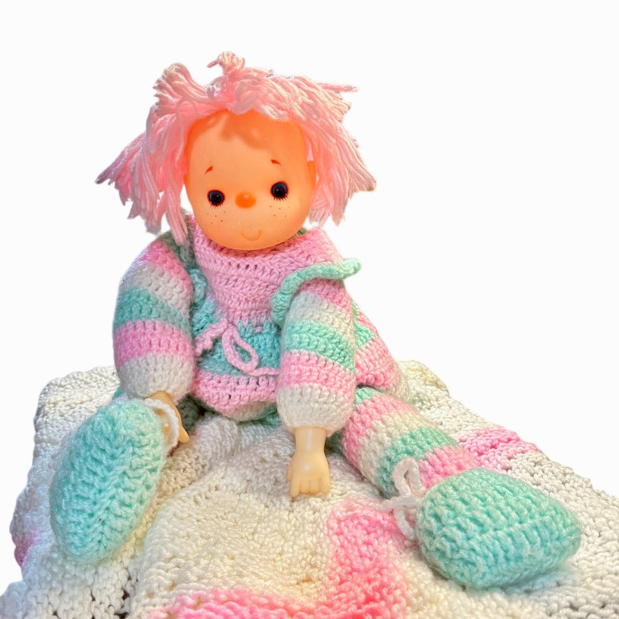 Hand Crocheted Vintage, 'Ice Cream Baby' 27" in Pastel Pink & Green, Blue Eyes, Pink Hair!