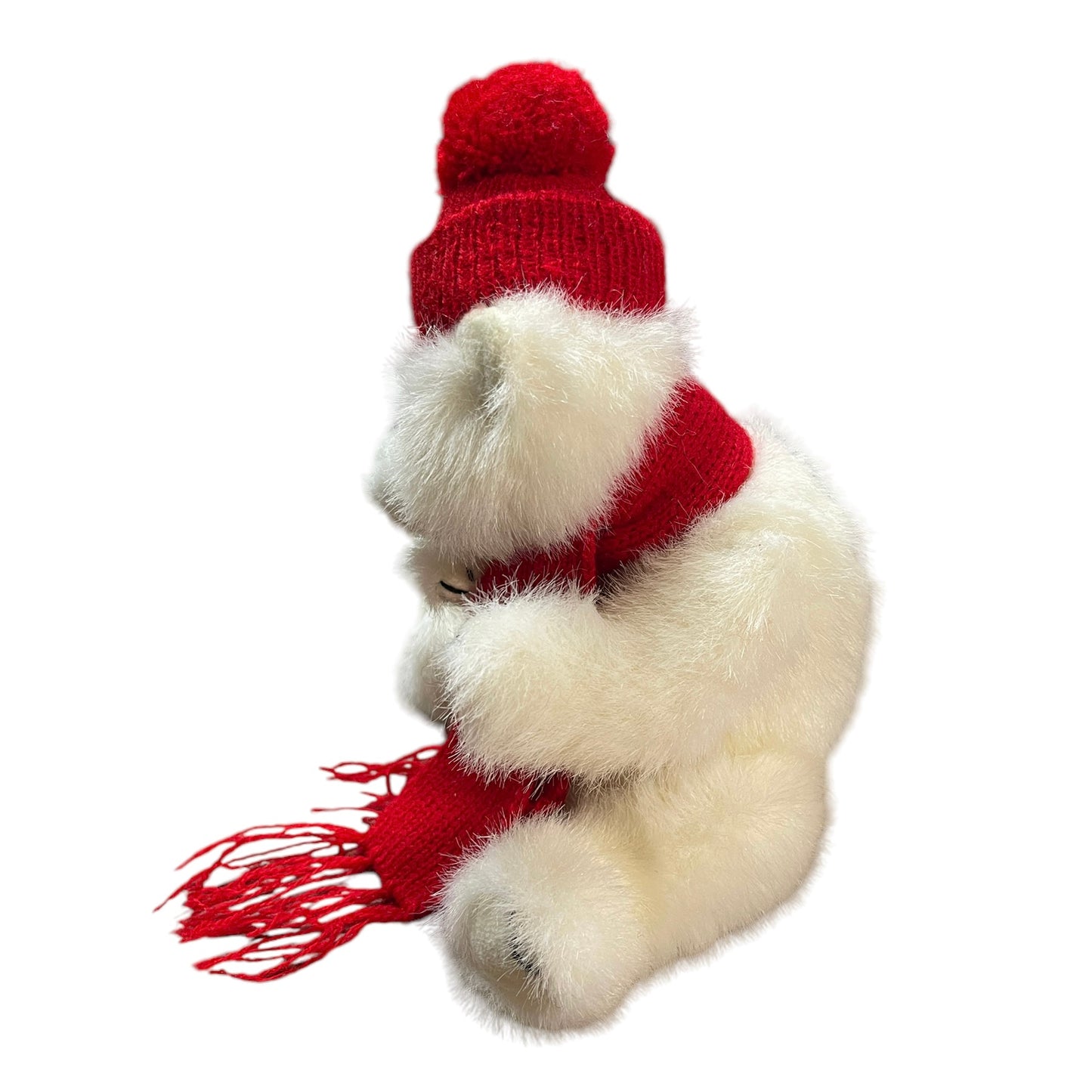 Ty Peppermint Bear, 1993 White Plush Polar Bear, Red Knit PomPom Hat & Long Red Scarf, Retired