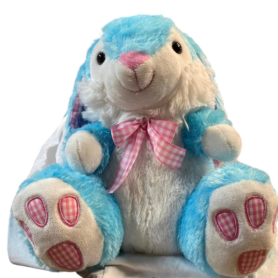 Irresistible 15" Lop Eared Blue/White Bunny with Pink Gingham Bow & Foot Pads EUC No Tag
