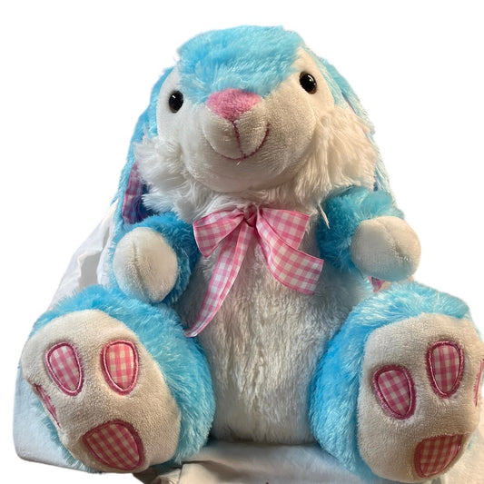 Irresistible 15" Lop Eared Blue/White Bunny with Pink Gingham Bow & Foot Pads EUC No Tag