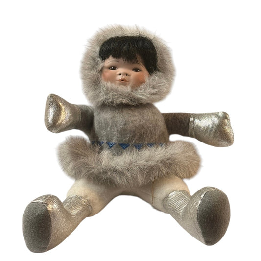 Little Snowflower, Indigenous Cloth Doll with Sweet Porcelain Painted Face, Fur& Felt Clothes