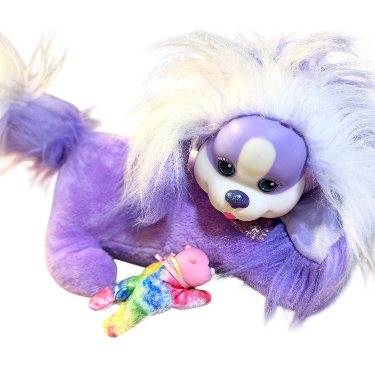 Purple Puppy Surprise with Pink Sparkly Heart Necklace and 1 Adorable Rainbow Baby, in GUC