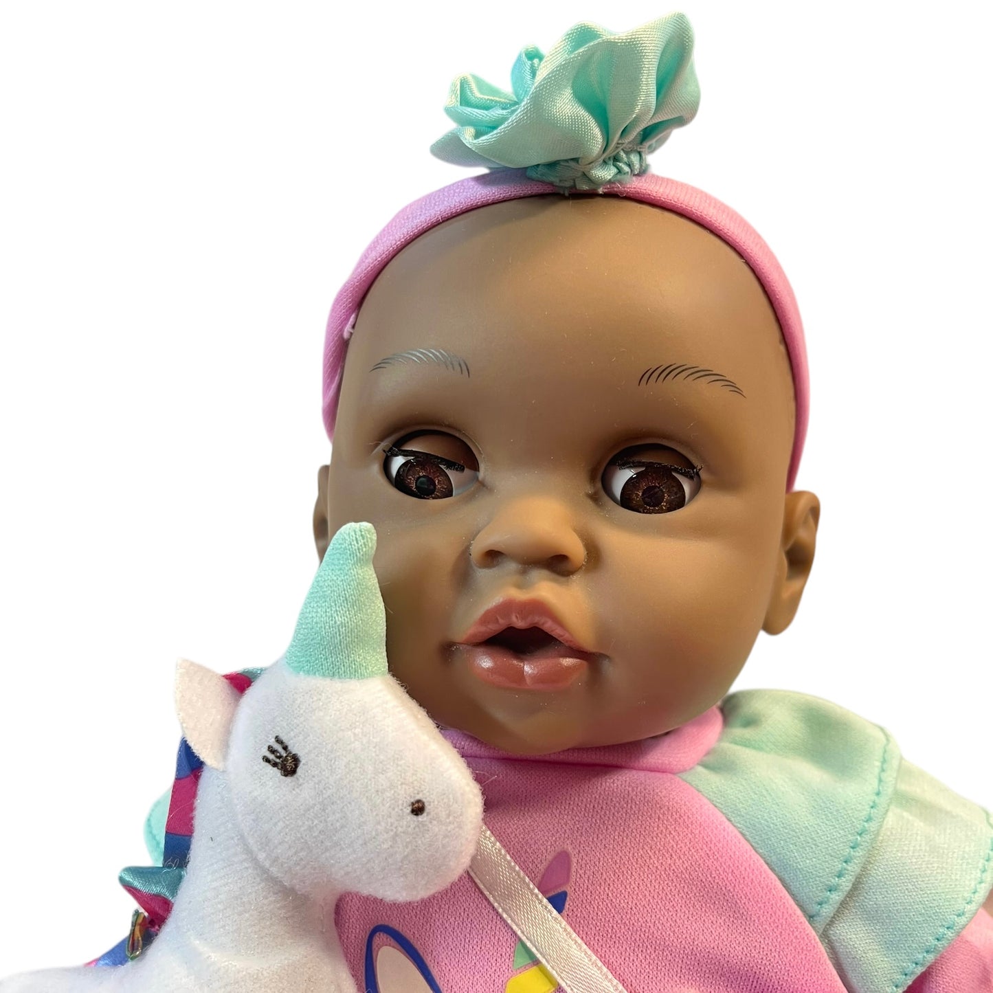 Sweet Baby Doll African American Doll in Aqua & Pink Complete with Stuffed Toy and Pacifier