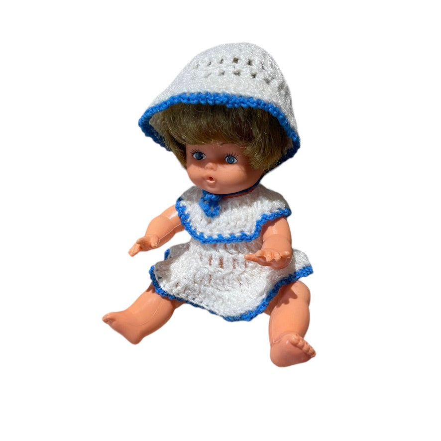 Vintage Blue Box Made in Hong Kong Drink & Wet Baby Doll in Knit White & Blue Outfit