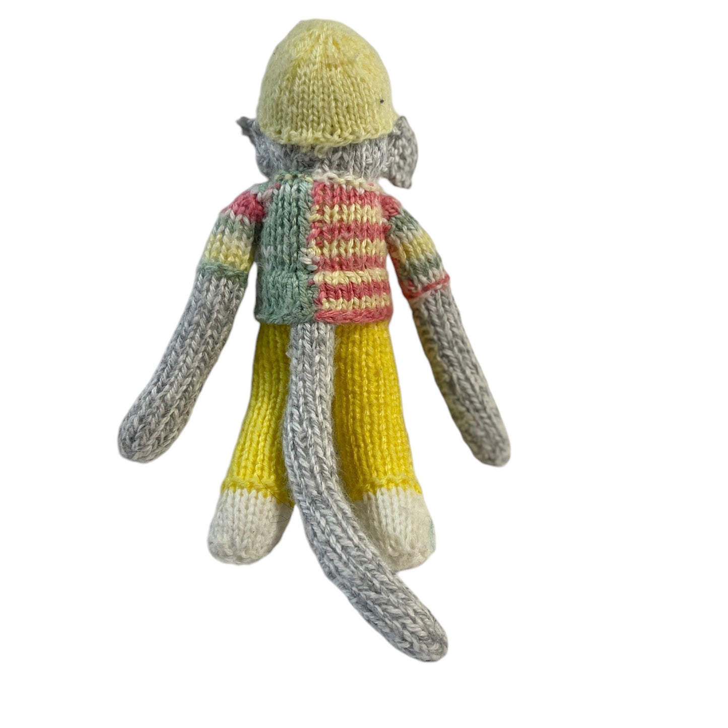 Hand Crafted Grey 9" Monkey, Variegated T-Shirt, Yellow Knit Pants & Cap and Embroidered Face