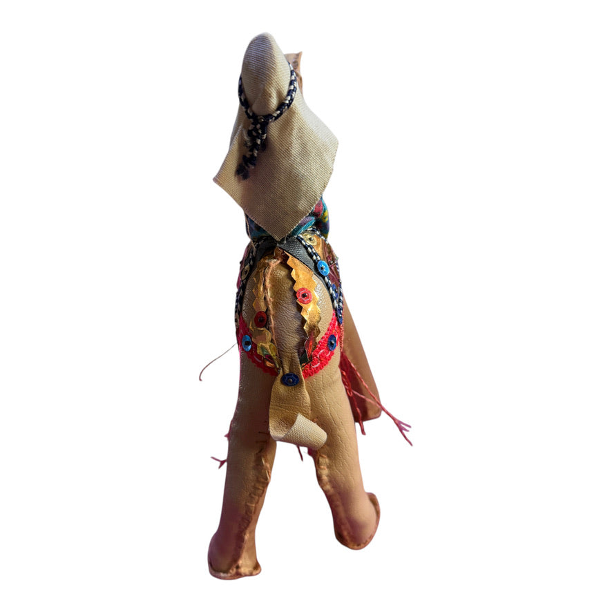 Vintage Leather Wrapped Camels & Riders Finely Detailed with Coloured Sequins and a Deep Fringe, Preowned GUC