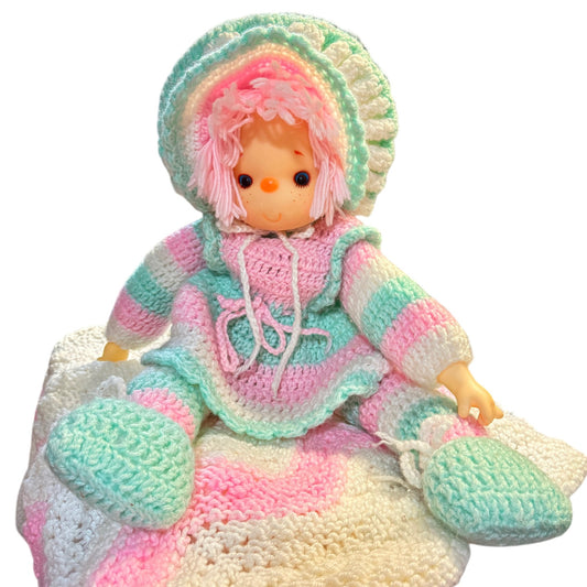 Hand Crocheted Vintage, 'Ice Cream Baby' 27" in Pastel Pink & Green, Blue Eyes, Pink Hair!