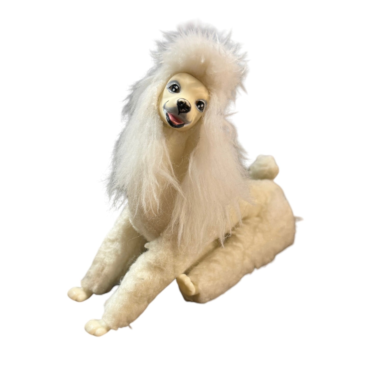 Vintage White Felted Posable Standard Poodle Toy Dog Long Legs, Plastic Feet & Sweet Rubber Face