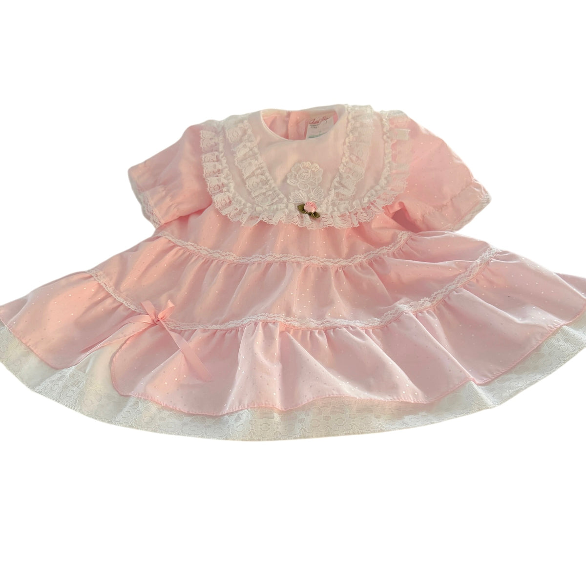 Vintage Little Princess Dainty Pink Cotton Party Dress, White Lace Collar with Satin Rosette