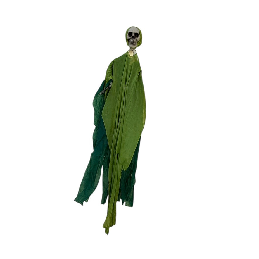 Floating Ghoul, Skeletal Hands & Bony Bleached Skull in Tattered Green Shroud, Preowned