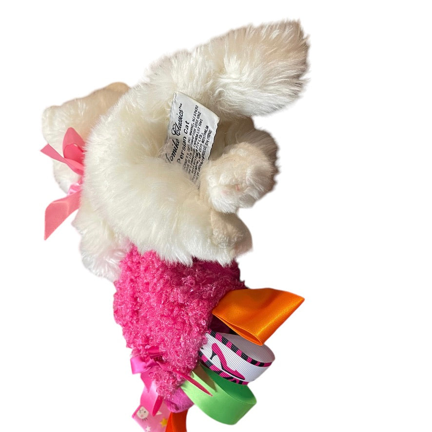Yomiko Classics White Persian Cat with Raspberry Multi-Textured Minkie Ribbon Tug Lovey