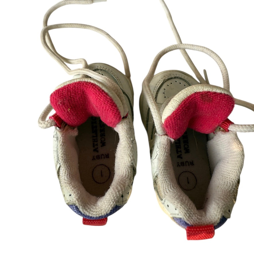 Ruby Athletic Works White Preowned Infant Trainers, Size 1 Tie Ups with Pink & Purple Accents