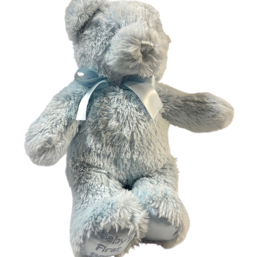 Bearington Baby Fuzzy Blue 12" Bear, ''My FirstTeddy' with Satin Nose, Neck Ribbon & Feet EUC