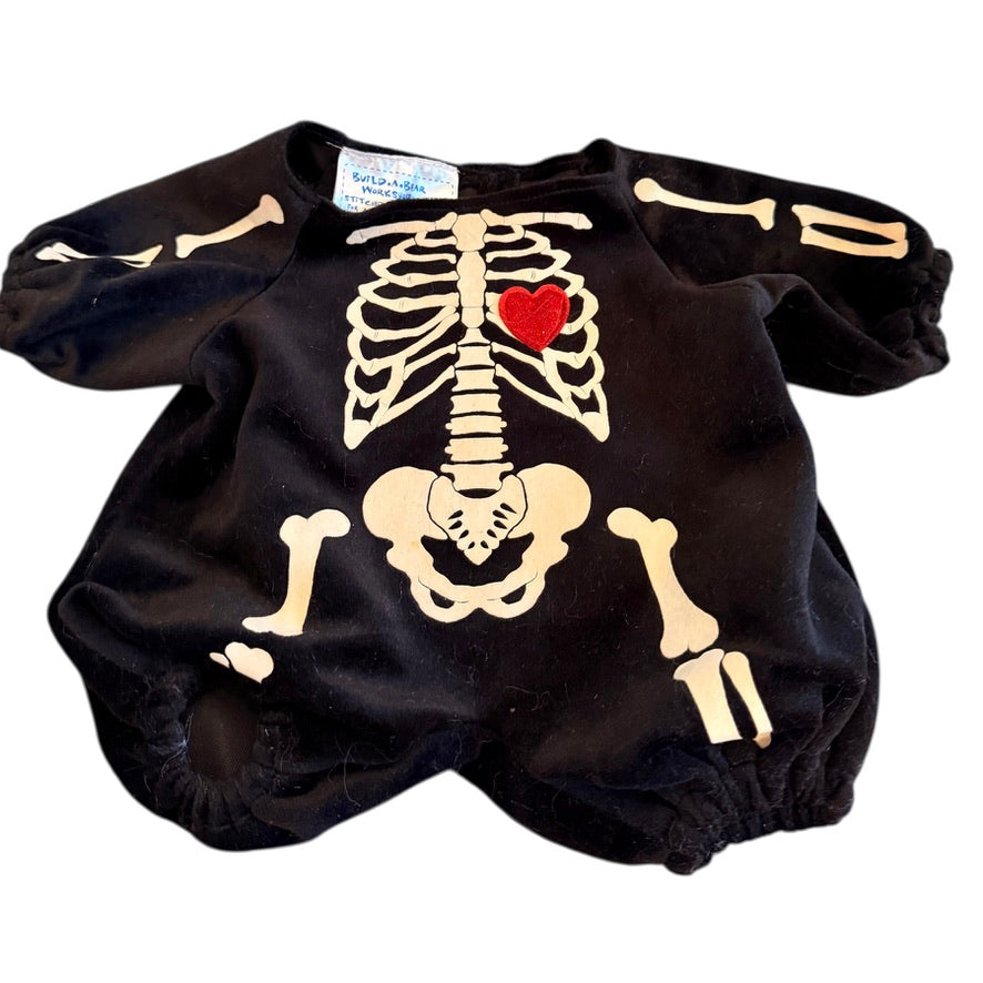 Build-A-Bear Workshop Black Velvet X-Ray Skeleton Halloween Romper with Sparkly Red Heart