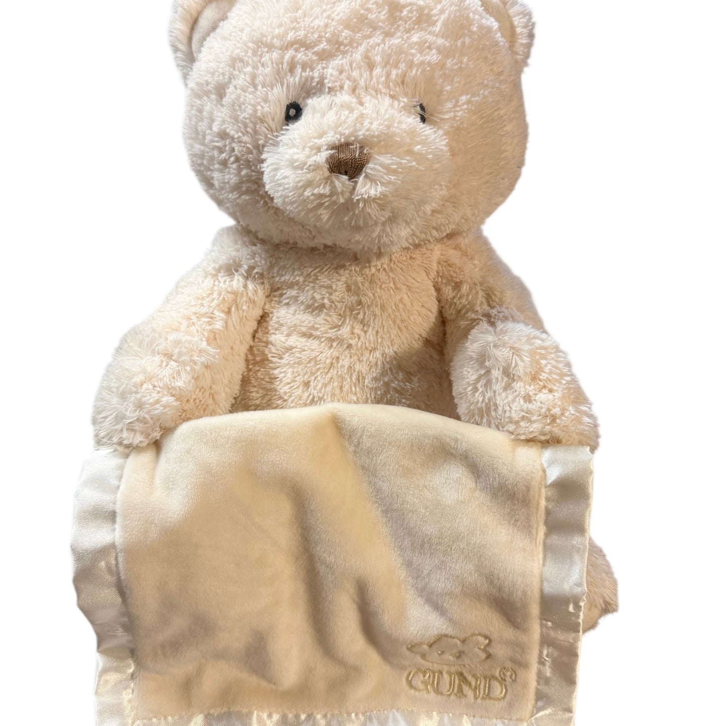 Gund Cream Animated Peek-a-Boo Teddy Bear with Satin Trimmed Blanket in EUC