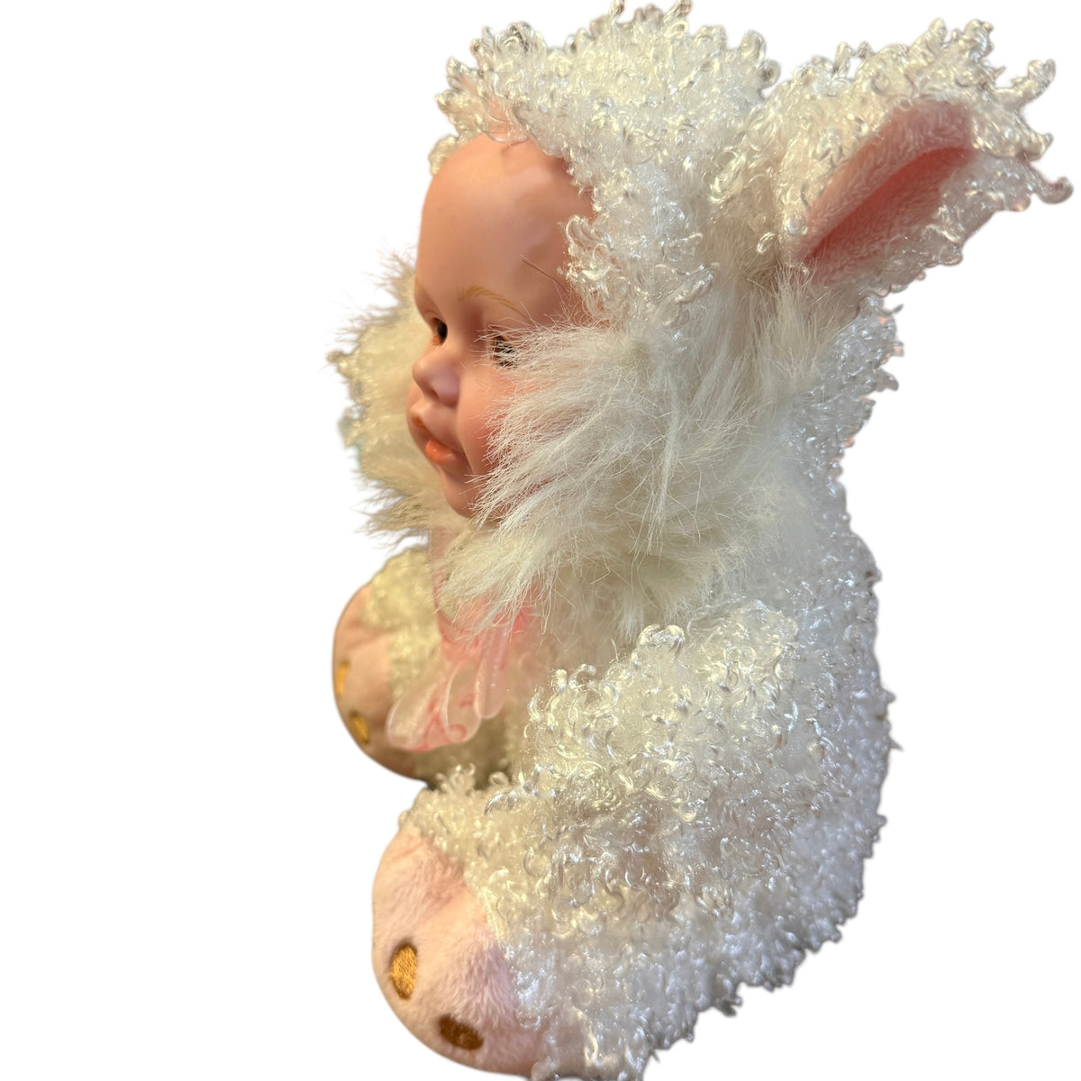 Adorable 8" Seated Bunny Baby Doll, Vinyl Face, Brown Eyes & Curly White Body, Pink Accents