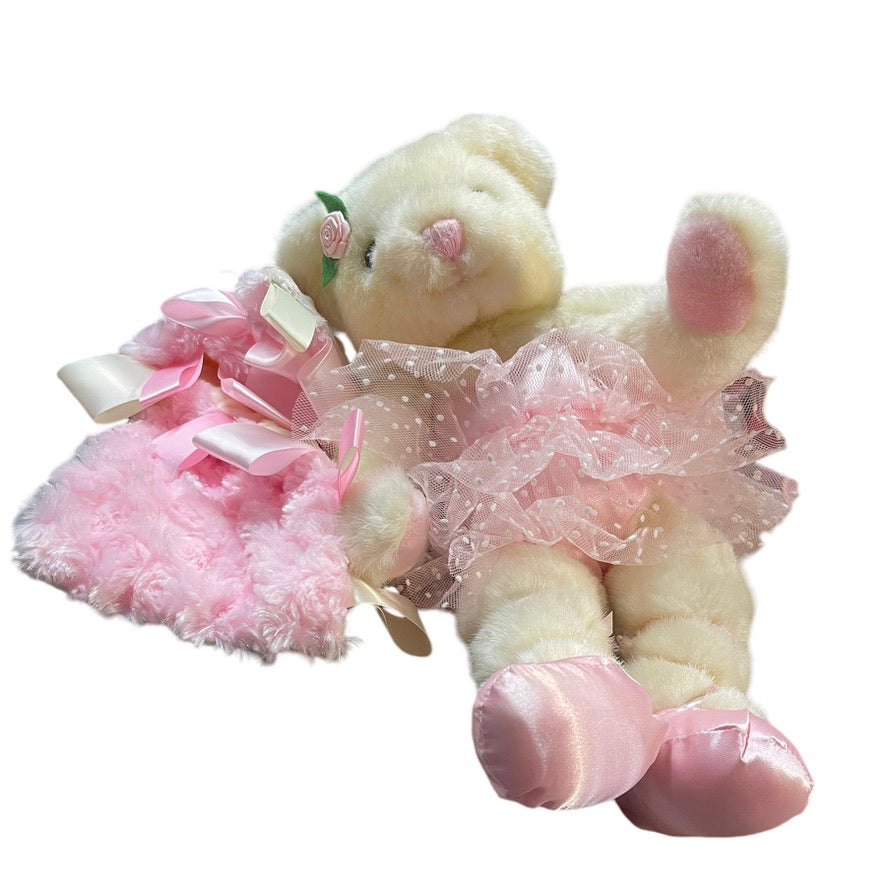 Vintage Cream Russ Berrie Ballerina Teddy Bear with Rosebud Lovey Security Blanket