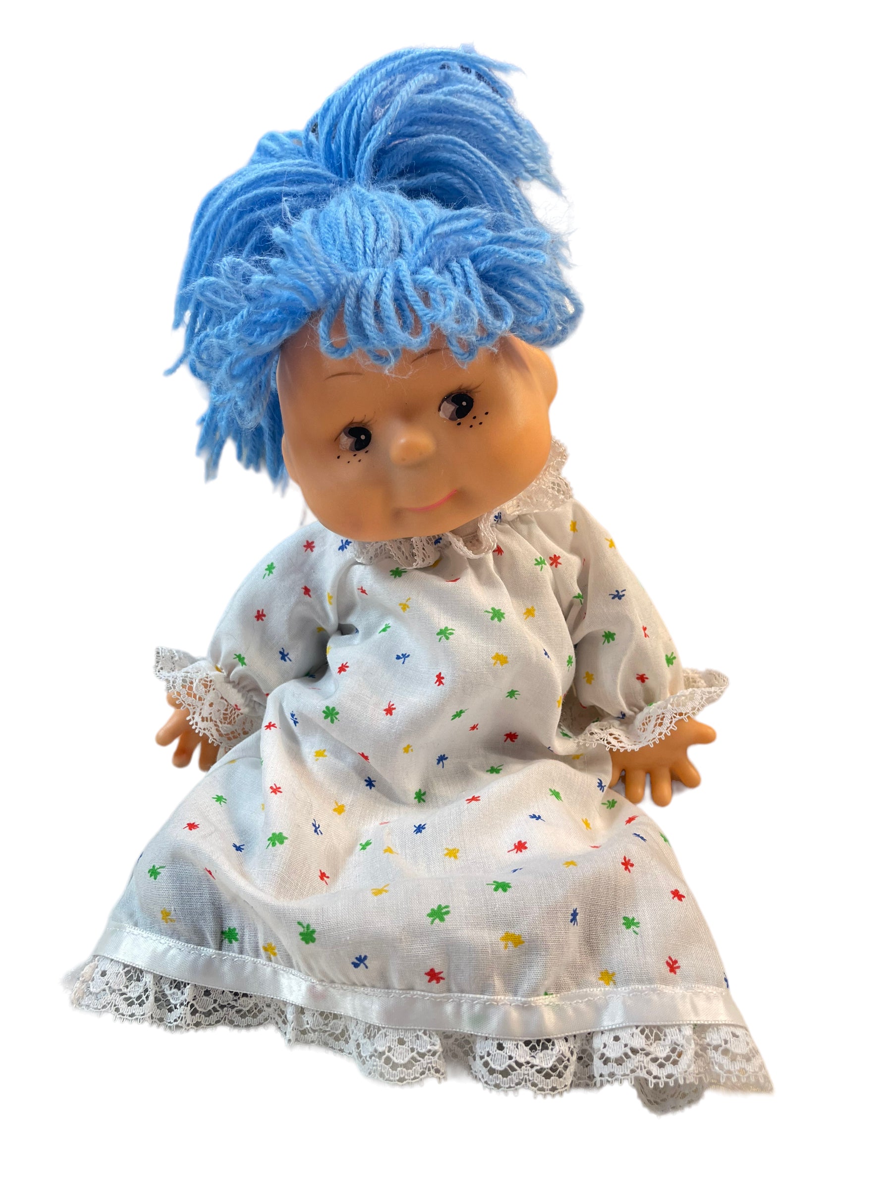 Vintage 80 s Doll with Sweet Freckles and Blue Yarn Hair Baby Doll Toy Rescue