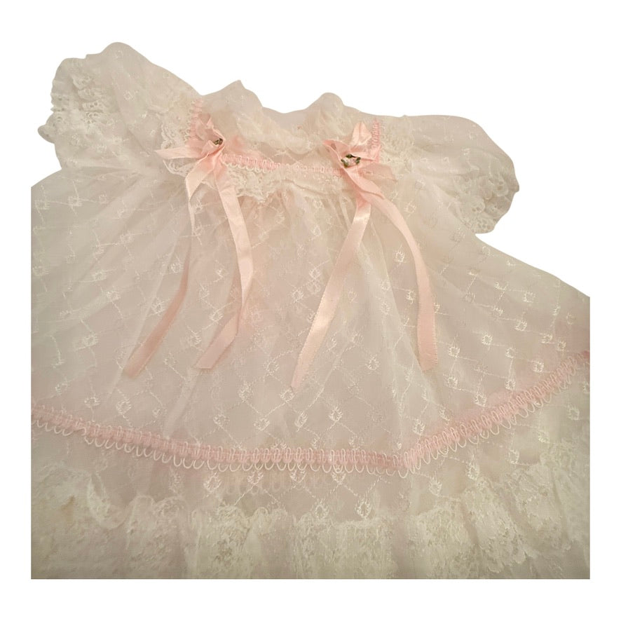 Dainty Vintage Sheer Lace Baby Dress with Pink Satin Ribbons Rosettes
