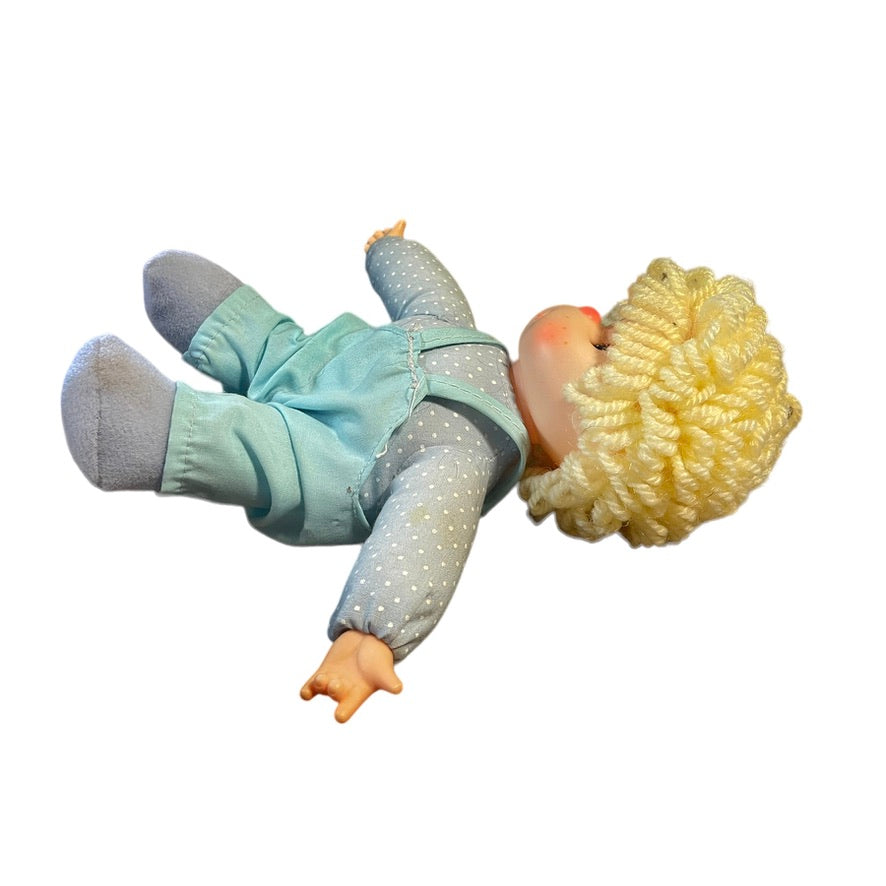 Vintage Baby Club C&A 8" Doll, Sweet Vinyl Face, Cloth Body Yellow Yarn Hair Blue Romper