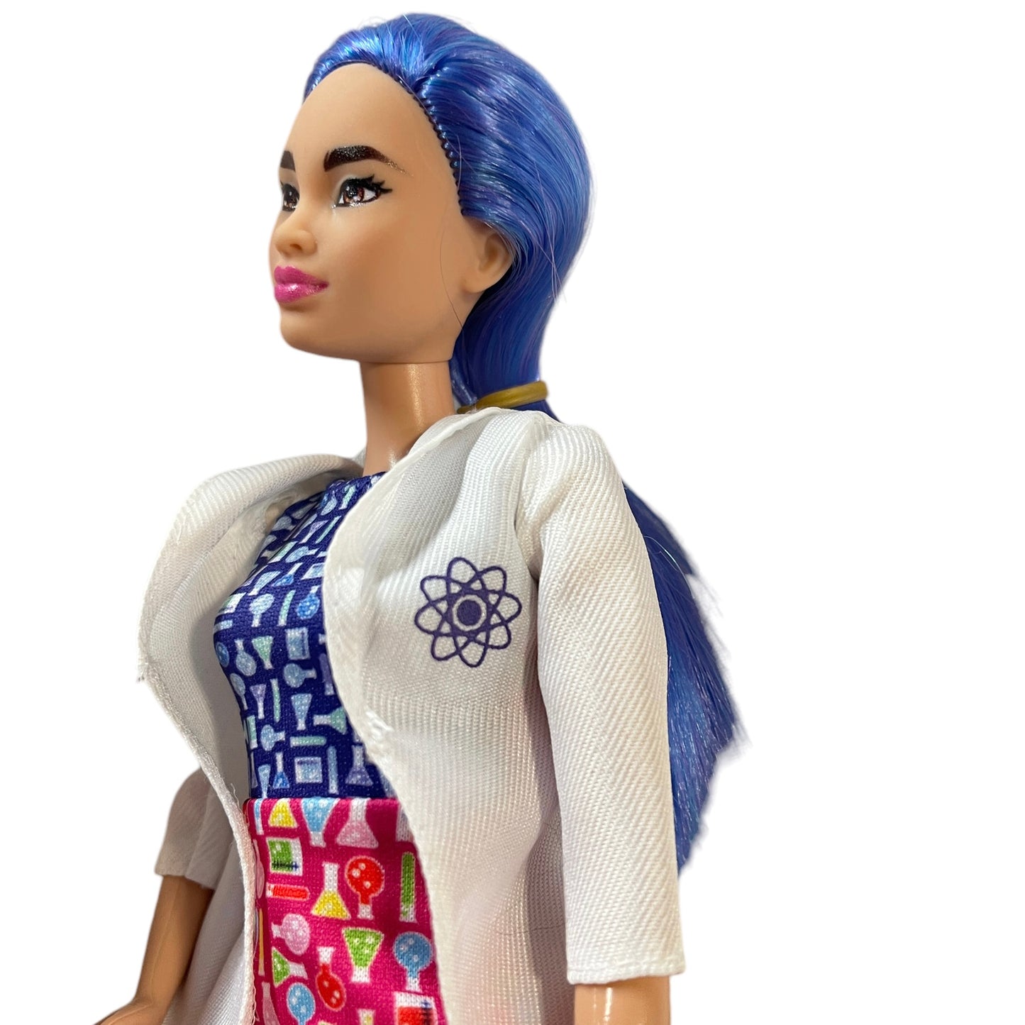 Barbie Scientist Doll, Blue Hair, Pink & Blue Print Dress, Matching Pink Flats and Lab Coat GUC Mattel