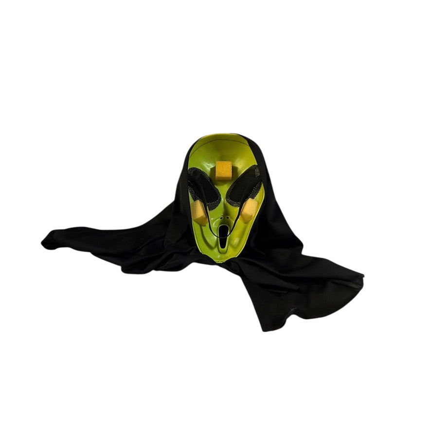 Scream Mask, Sickly Green with Mesh Eyeholes, Classic Mouth & Black Chiffon Scarf in EUC
