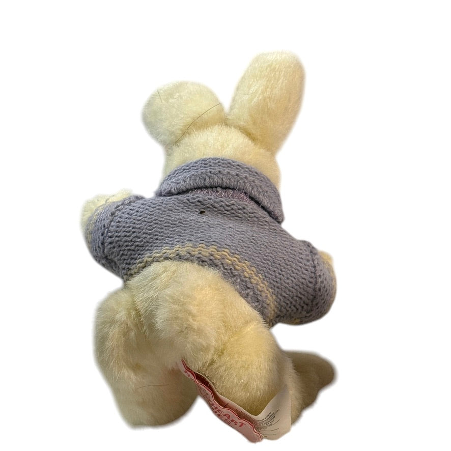 Russ Berrie, 8" Jointed 'Happy Heart Bunnies' Posable Bunny, Lavender Knit Sweater, Pink Bow EUC