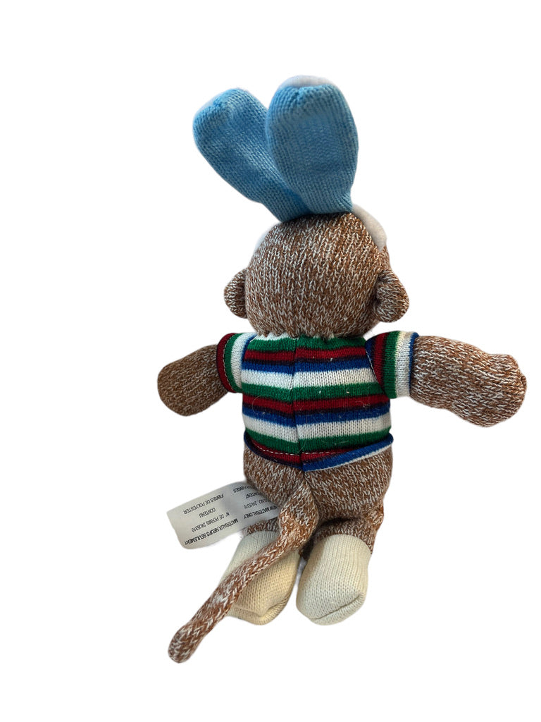 Two 13" Sock Monkeys iwith Easter Bunny Ears and Striped Sweaters EUC