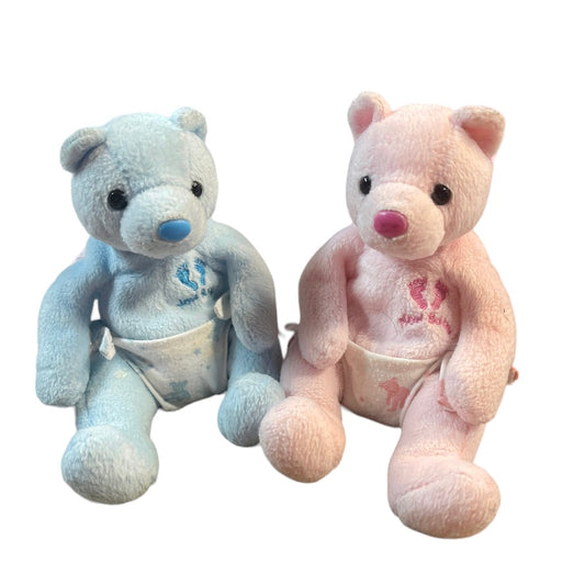 TY Retired Vintage, It"s A Boy! It's a Girl!  Pink & Blue Beanie Babies with  Little Diapers &  Embroidery
