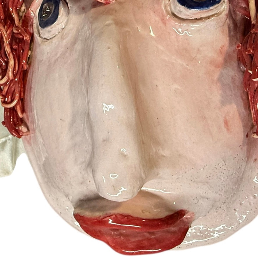 Delightful, One-of-a Kind Handmade Caricature Clay Mask with Red Spaghetti Hair, Artist Signed