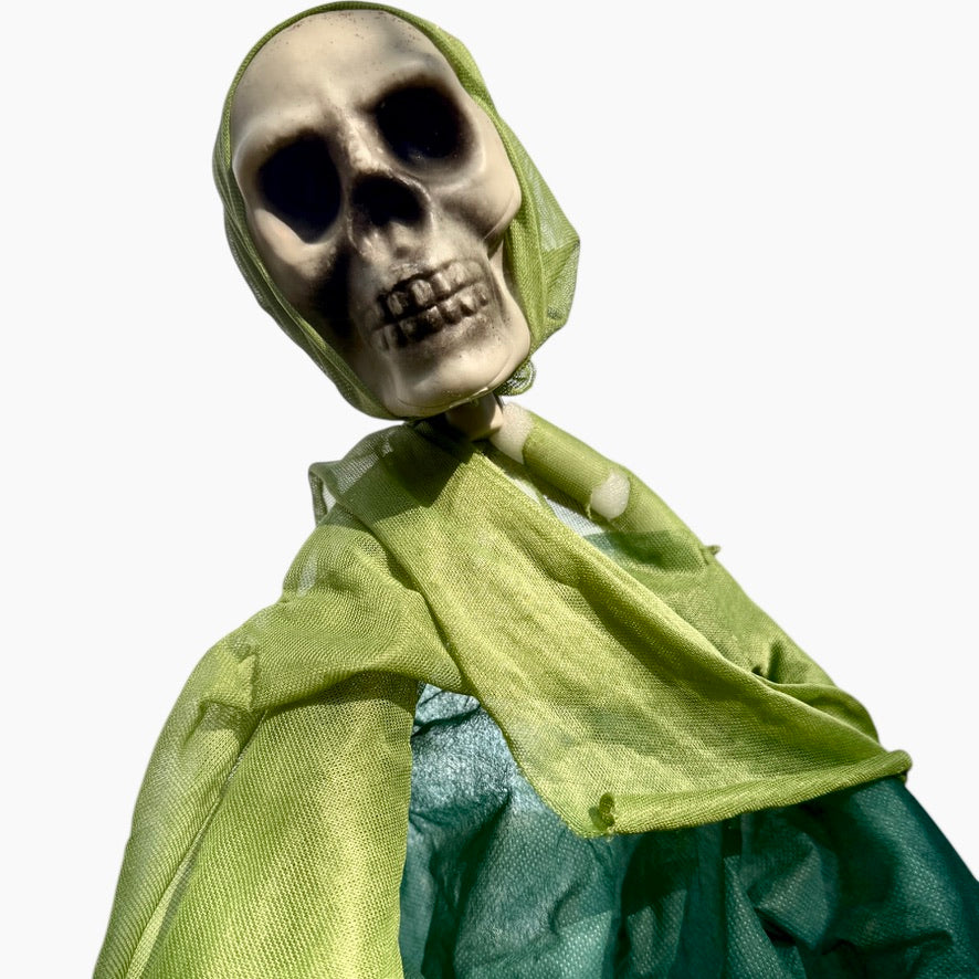 Floating Ghoul, Skeletal Hands & Bony Bleached Skull in Tattered Green Shroud, Preowned