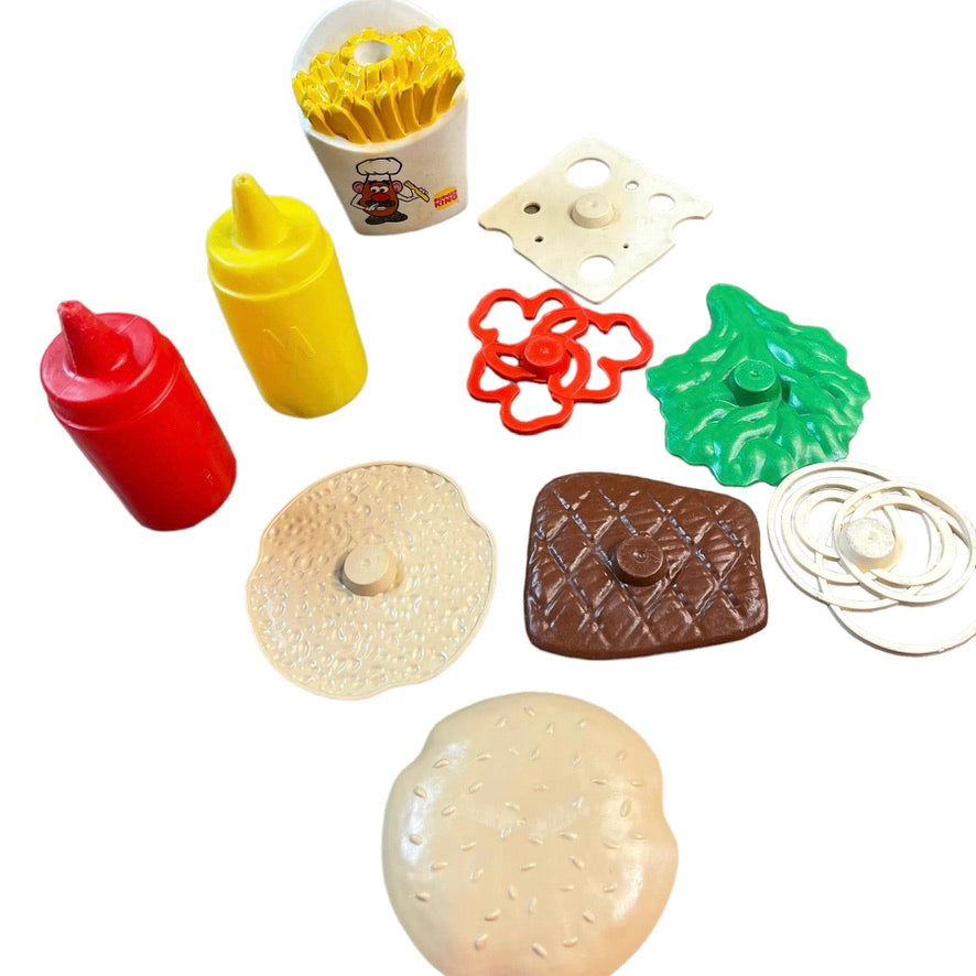 Vintage Fast Food Toys Including Burger King Fries, Condiments and 8 Piece Burger!